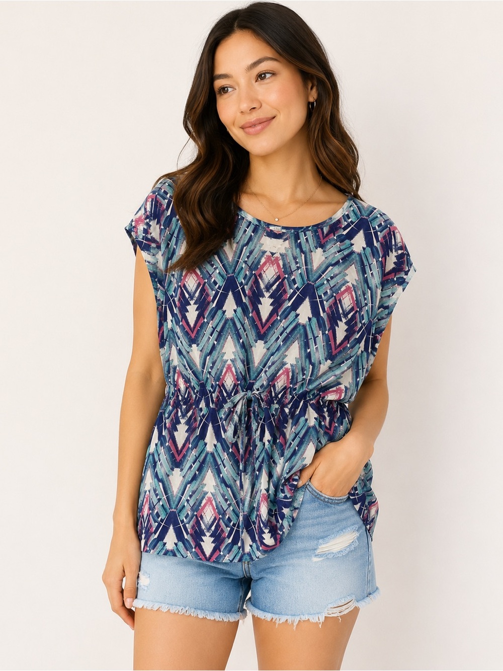 Forever 21 Bohemian Geometric Print Tie Waist Blouse | Medium